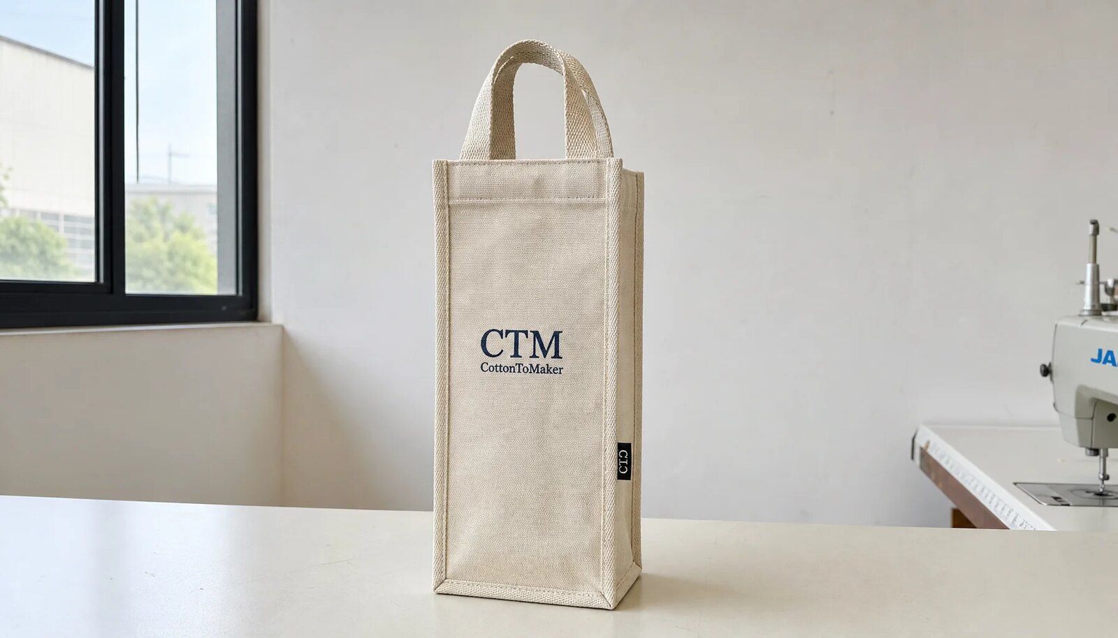 Natural canvas wine carrier with a CTM logo printed on the front and a woven side label in a clean sample room.