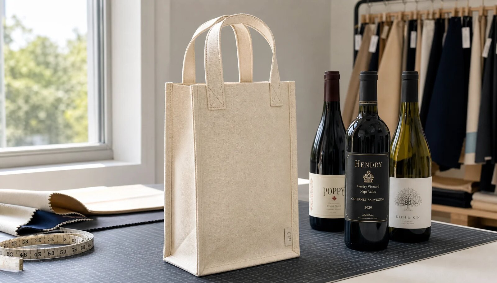 Structured canvas wine carrier with reinforced handles shown beside wine bottle samples in a factory sample room