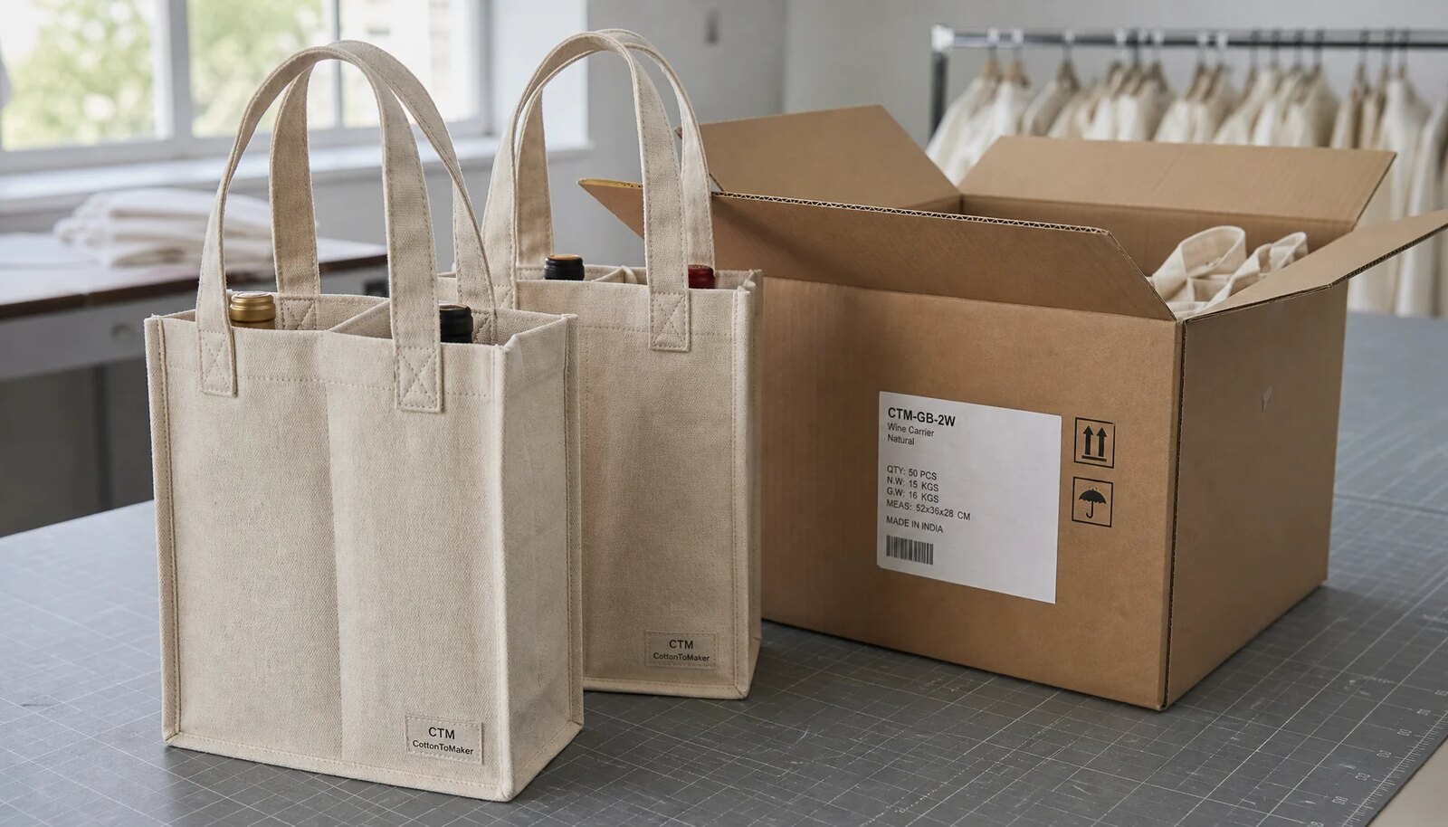 Canvas wine carriers with reinforced stitching beside an open shipping carton and carton mark label in a factory sample room.