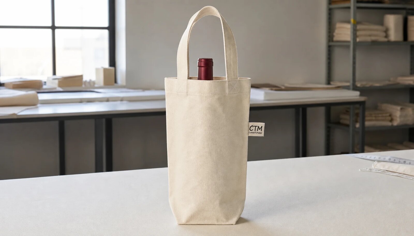 Natural cotton canvas wine carrier with reinforced handles and a sewn CTM side label in a sample room.