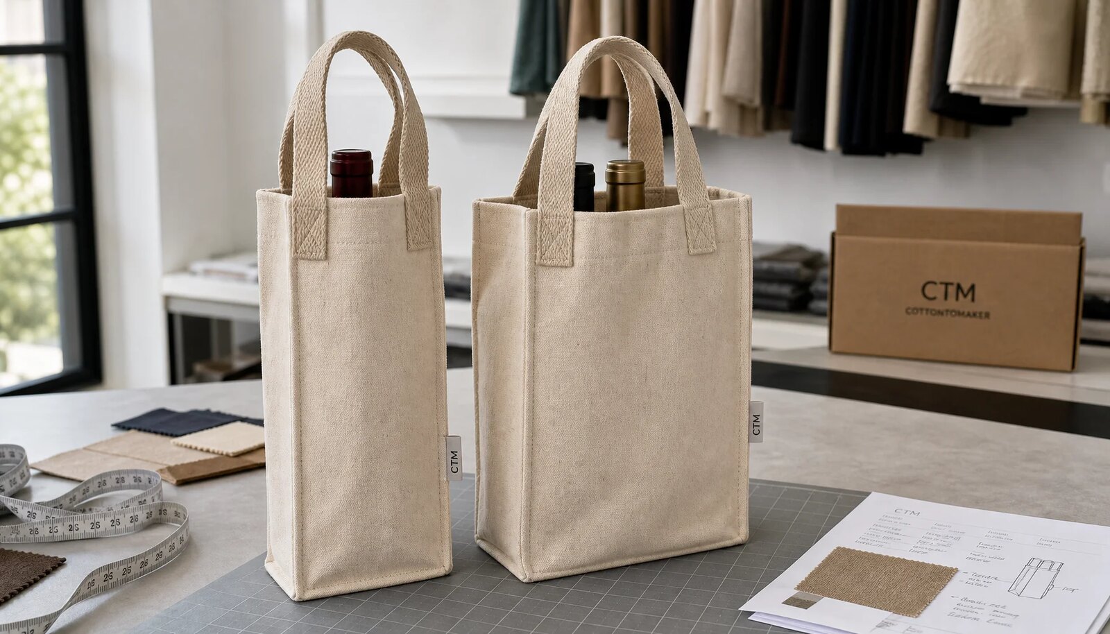 Photorealistic canvas wine carriers with a CTM side label in a factory sample room.