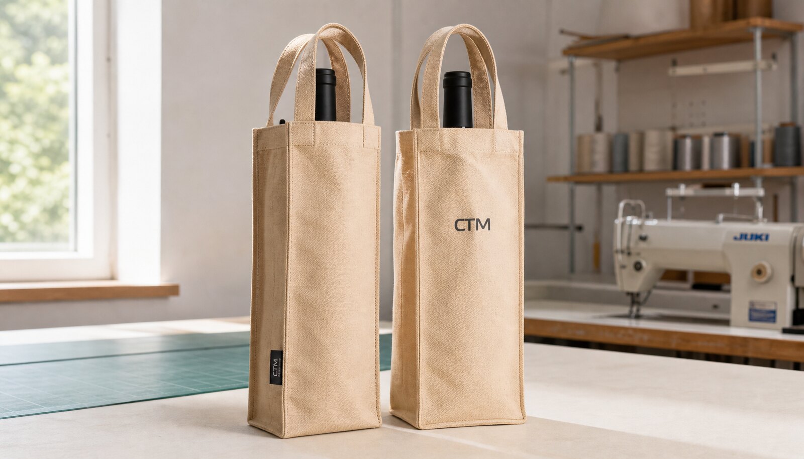 Canvas wine carriers with a small CTM/CottonToMaker logo shown in a factory sample room