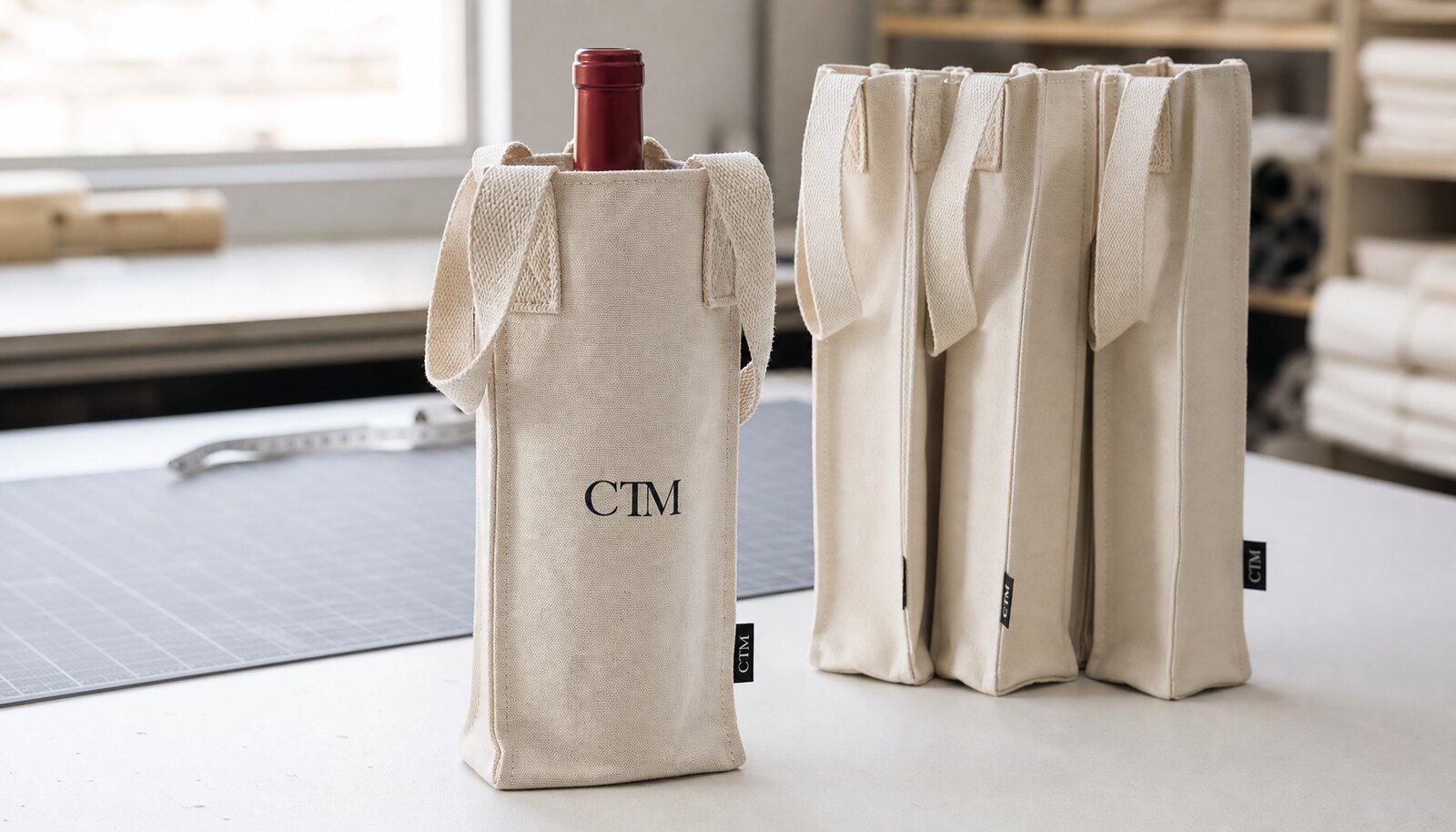 Photorealistic canvas wine carriers with a simple CTM logo in a factory sample room