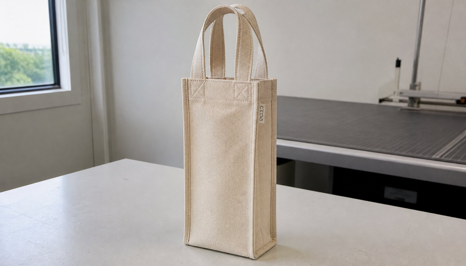 Photorealistic canvas wine carrier with a simple CottonToMaker sample logo in a factory sample room