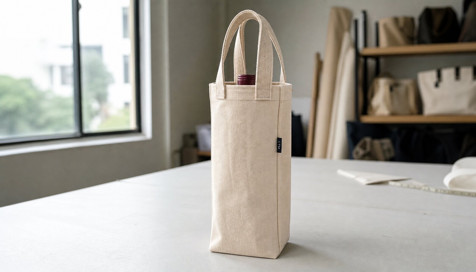 Canvas wine carrier sample with a small sewn CTM CottonToMaker logo in a factory sample room