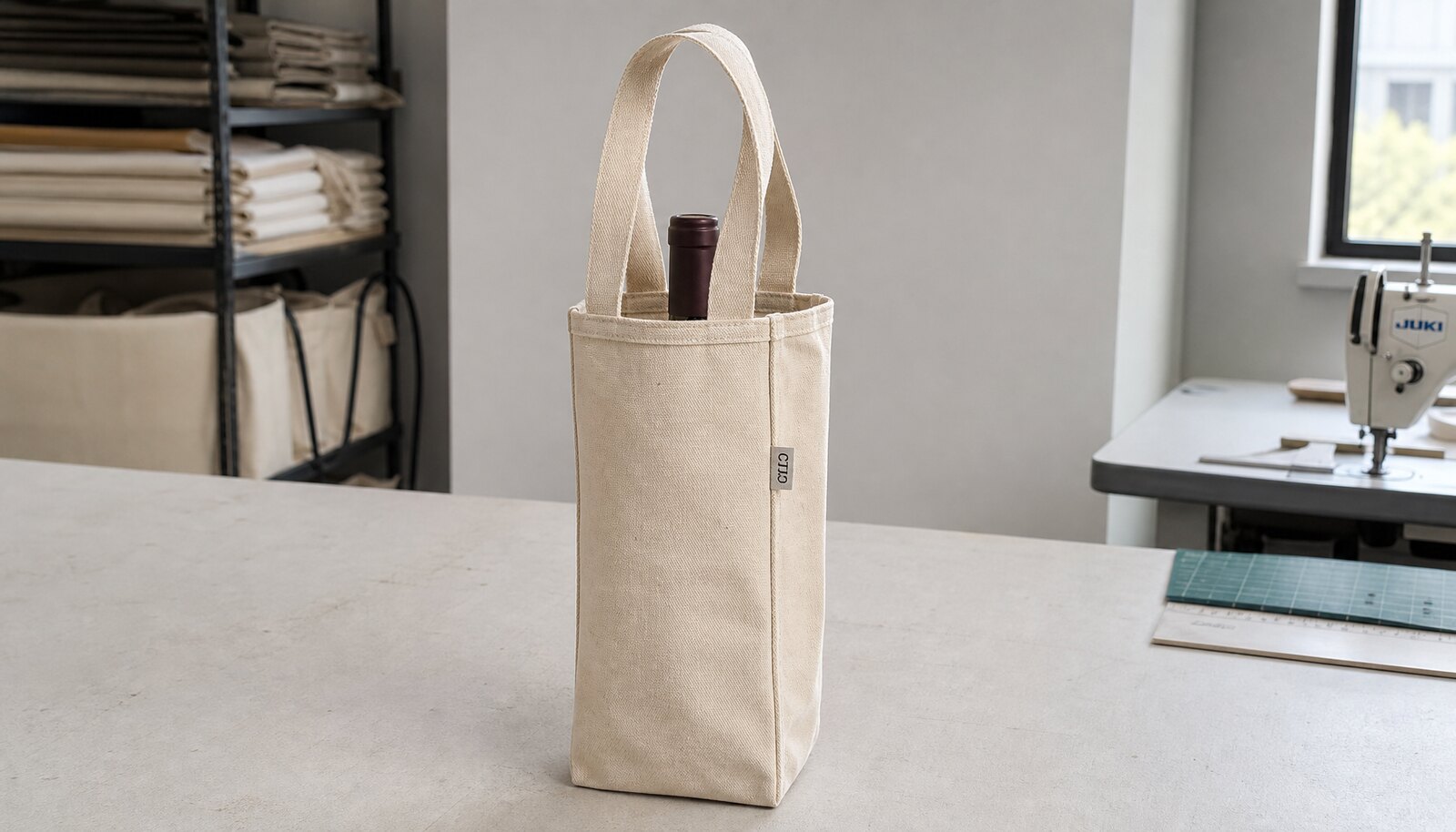Natural canvas wine carrier with a sewn CTM side label in a clean sample room