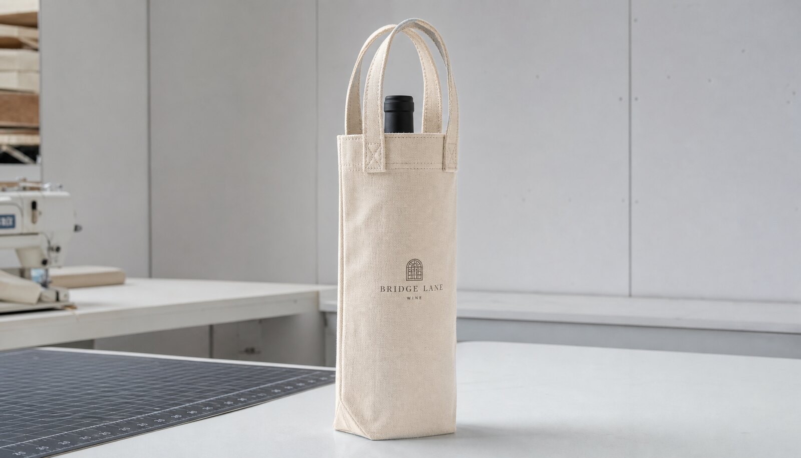 Natural canvas wine carrier with reinforced handles and a centered logo in a clean factory sample room