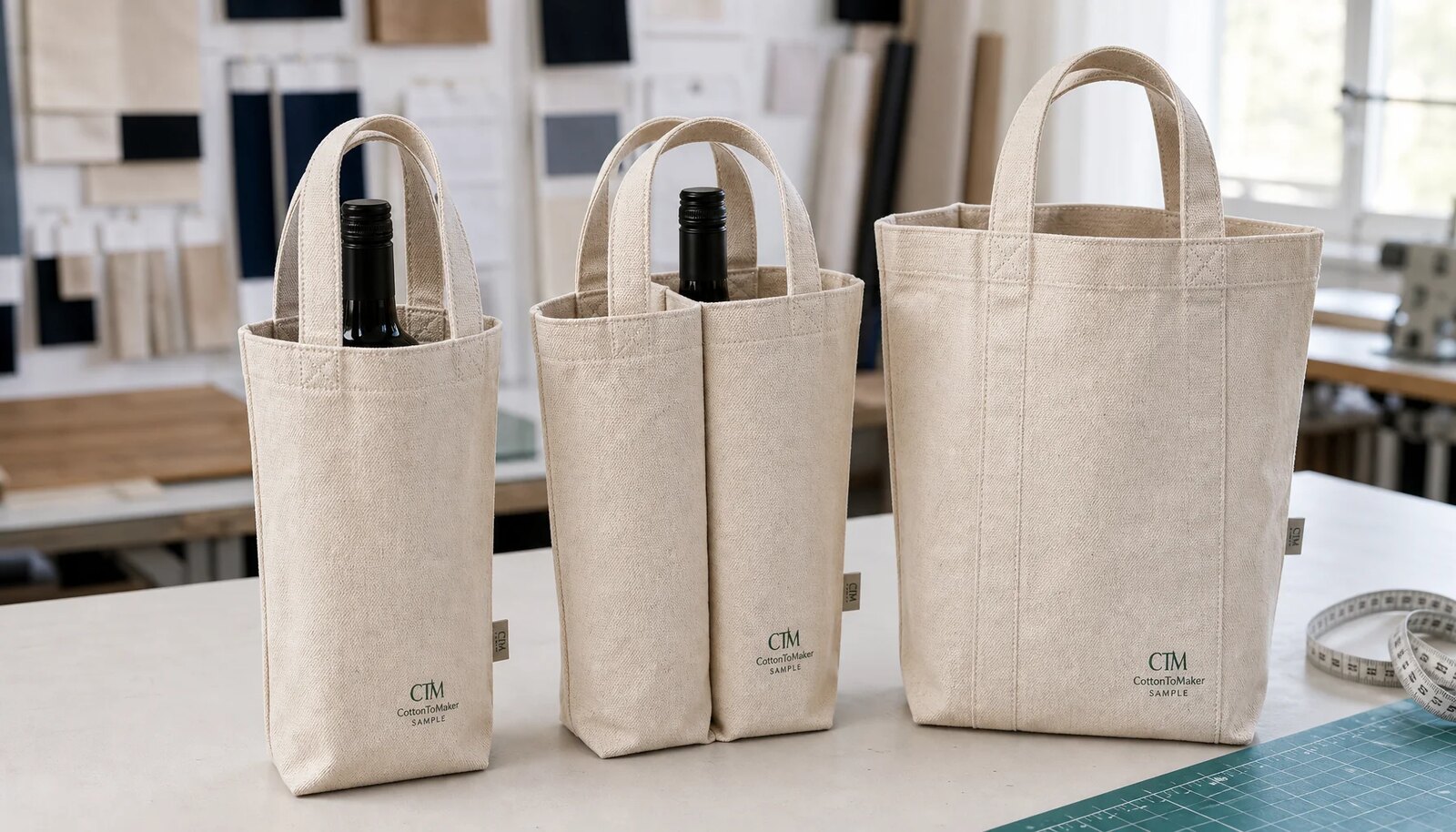 CottonToMaker canvas wine carrier samples with printed CTM logo in a factory sample room