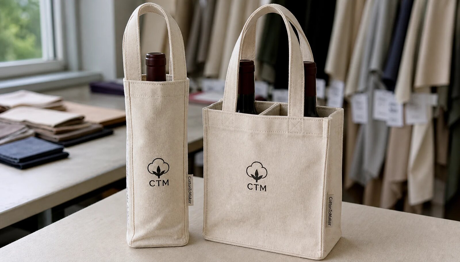 Canvas wine carriers with CTM logo in a factory sample room for hotel retail material selection
