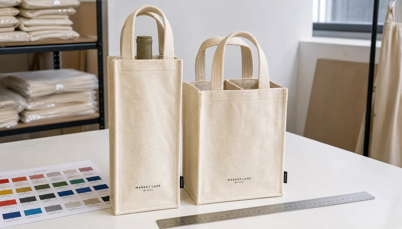 Natural canvas wine carriers with print proof swatch and reinforced construction in a factory sample room