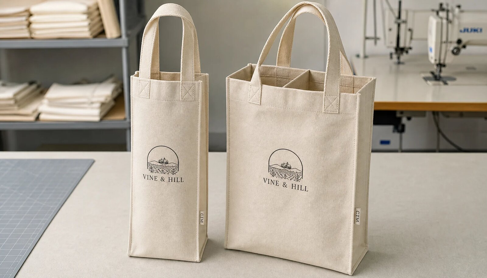 Natural canvas wine carriers with reinforced handles, boxed bottoms, and CTM sample logo in a clean sample room