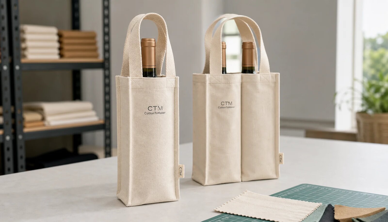 Natural canvas wine carriers with CTM sample logo and stitched handles in a clean studio setting
