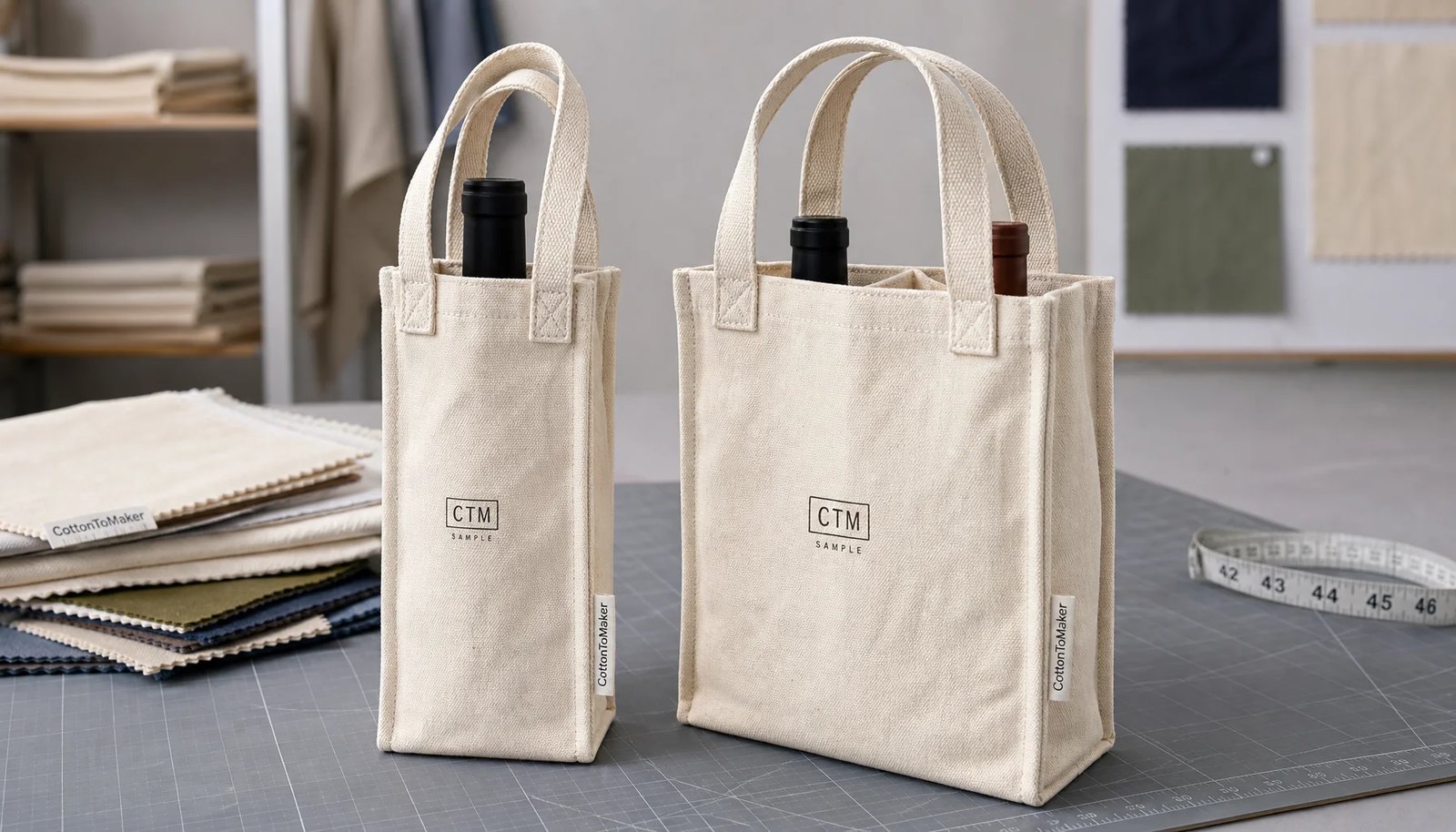 Natural canvas wine carriers with CTM sample logo and sewn CottonToMaker side label