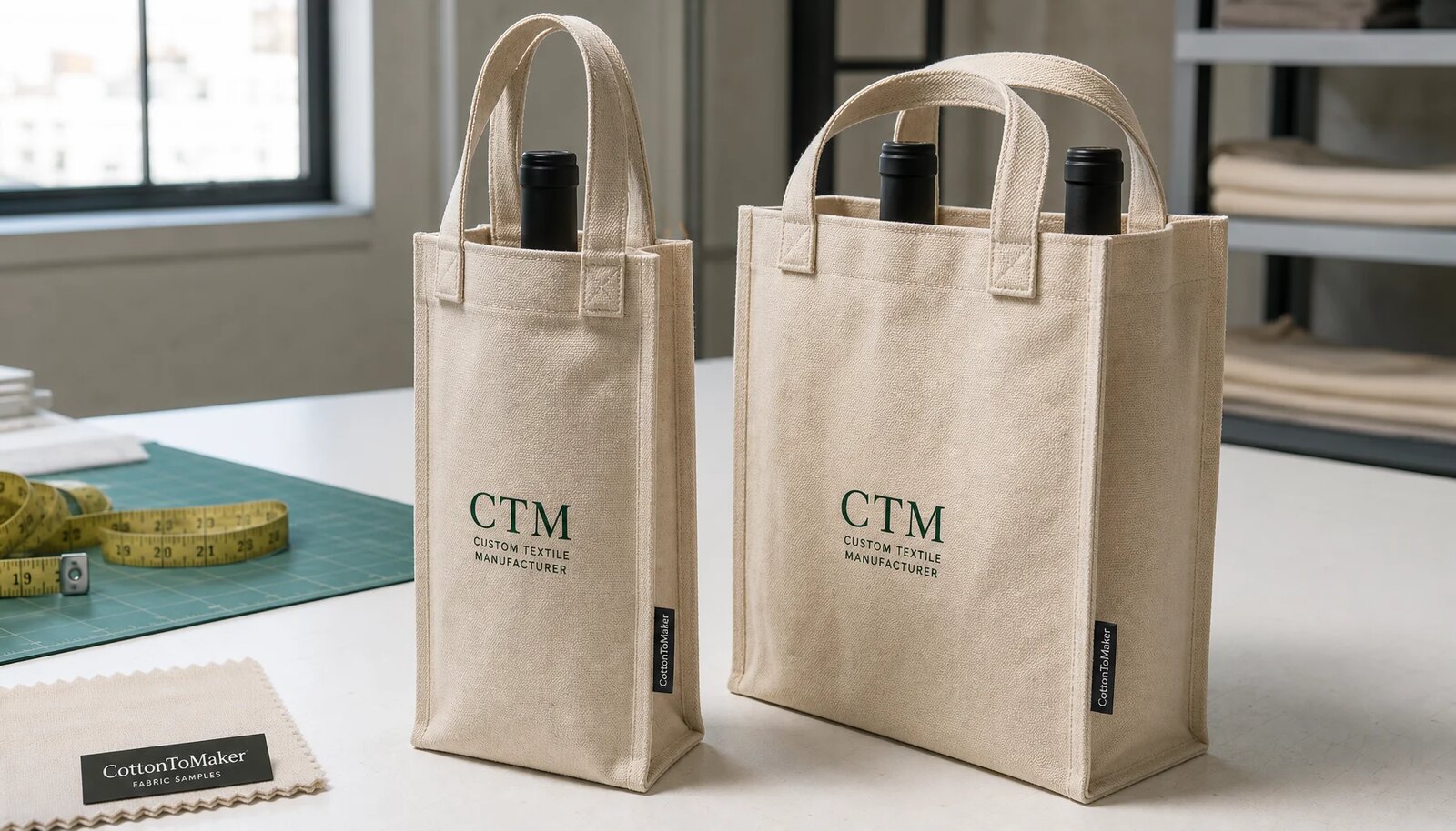 Natural canvas wine carriers with CTM logo placement on the front panel and woven side label