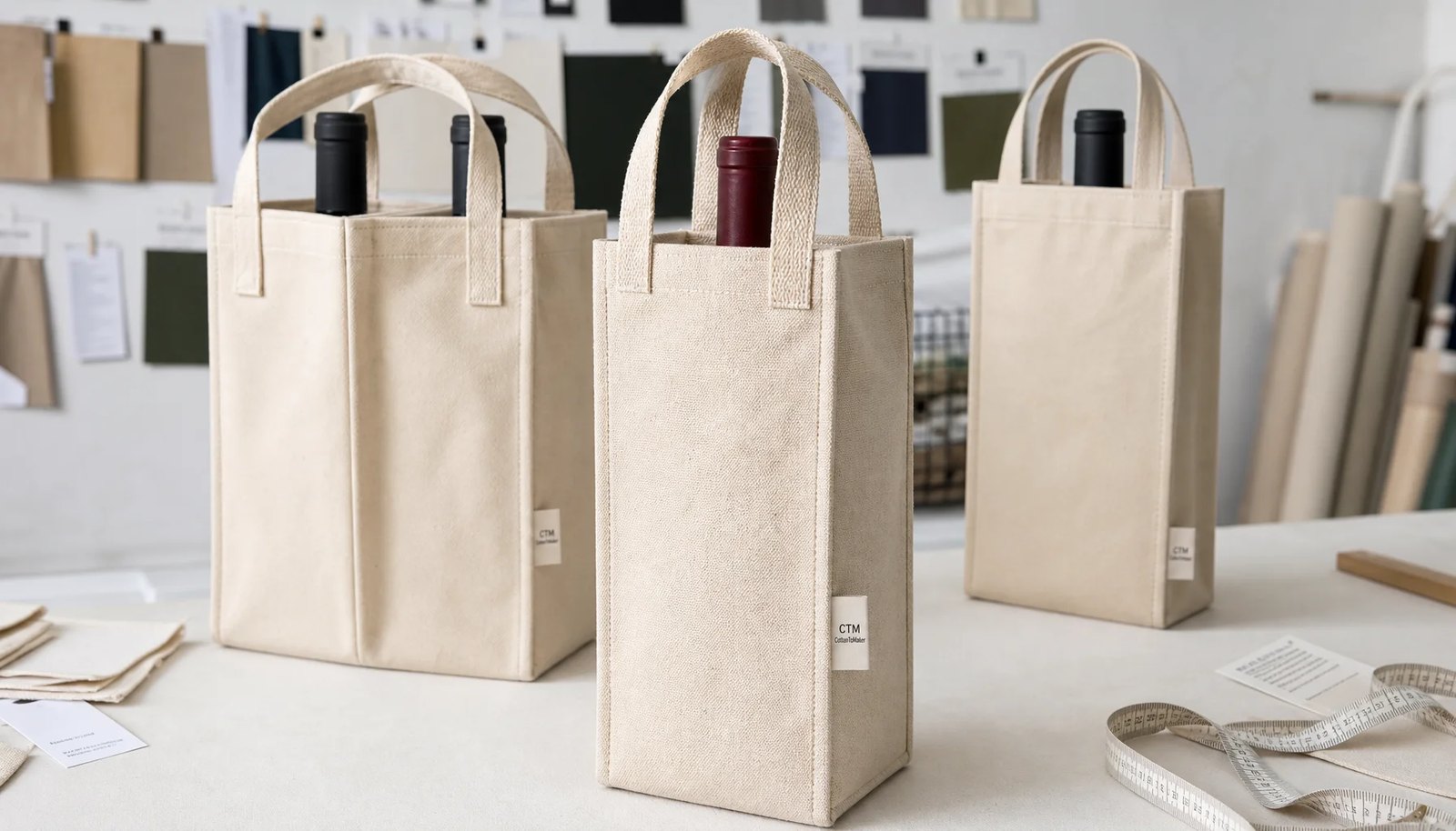 Natural canvas wine carriers with CTM CottonToMaker side label in a factory sample room