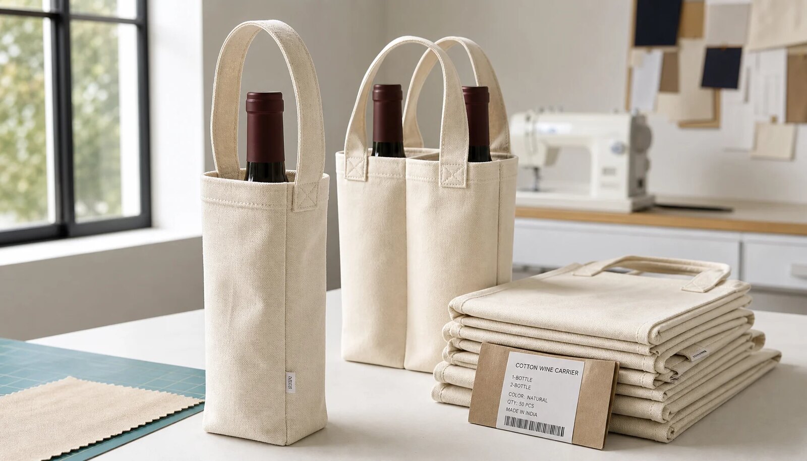 Canvas wine carriers in a factory sample room showing fabric texture reinforced stitching and sample packing details