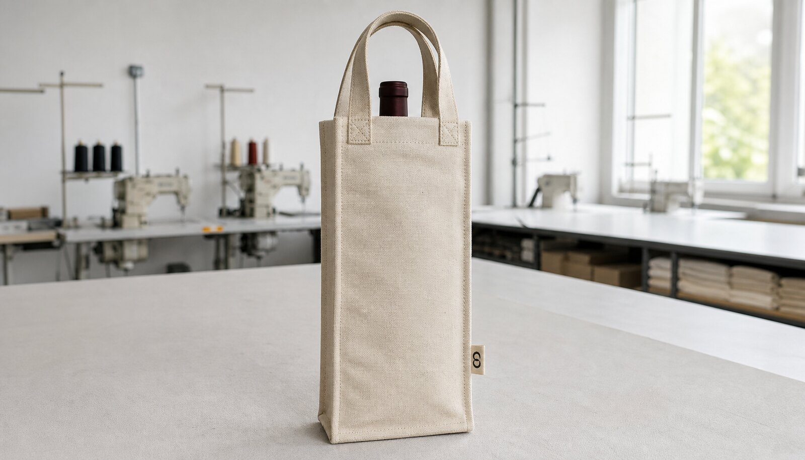 A heavy canvas wine carrier with a simple CTM side label displayed in a clean factory sample room