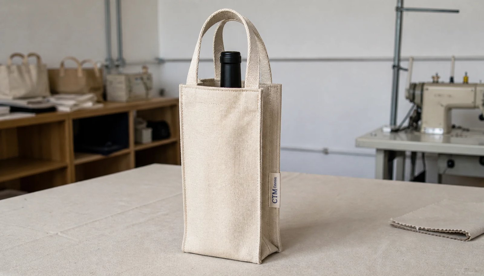 Natural canvas wine carrier with CTM sample label shown in a factory sample room