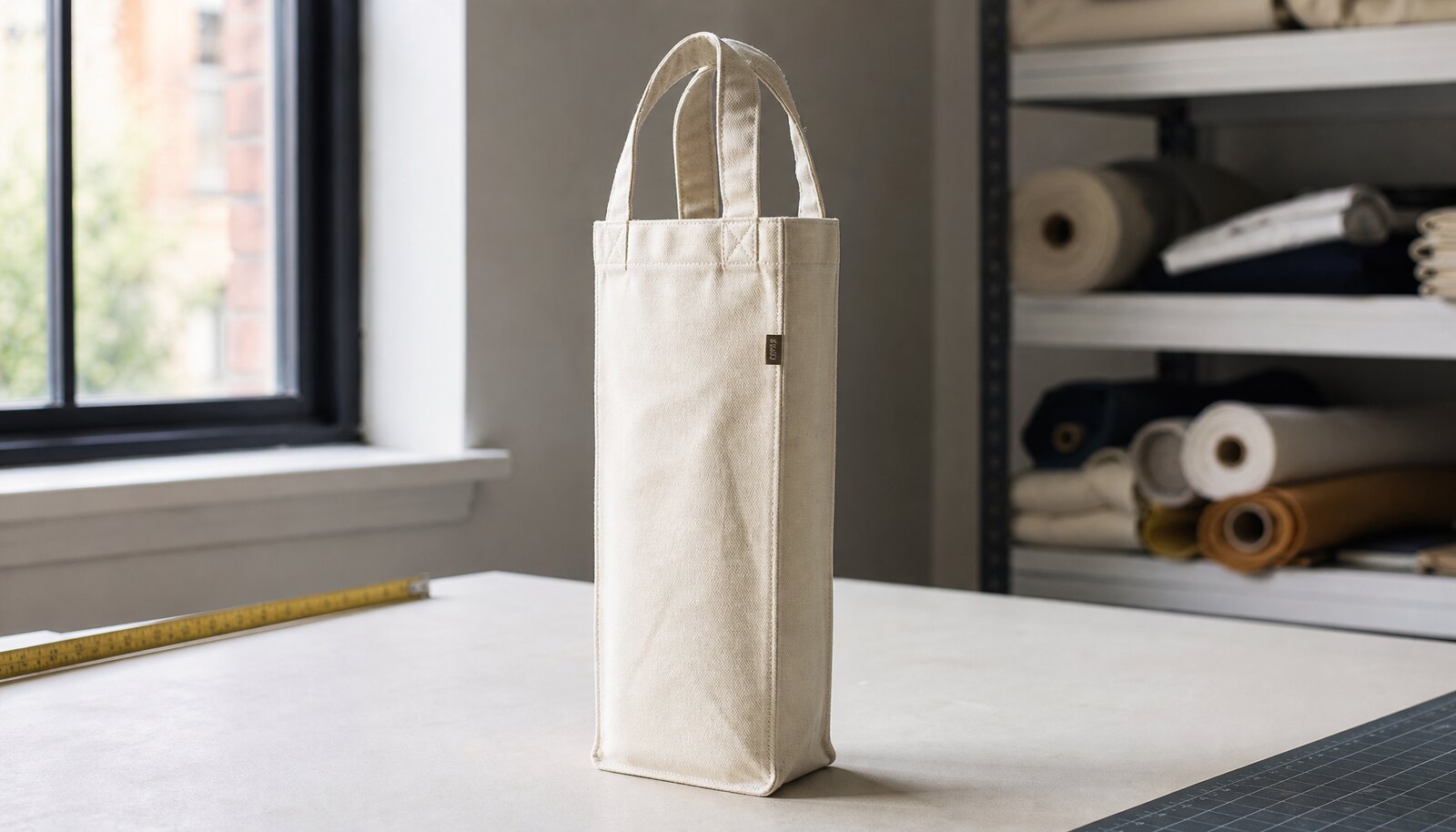 A canvas wine carrier sample with a small CTM woven side label in a clean factory sample room