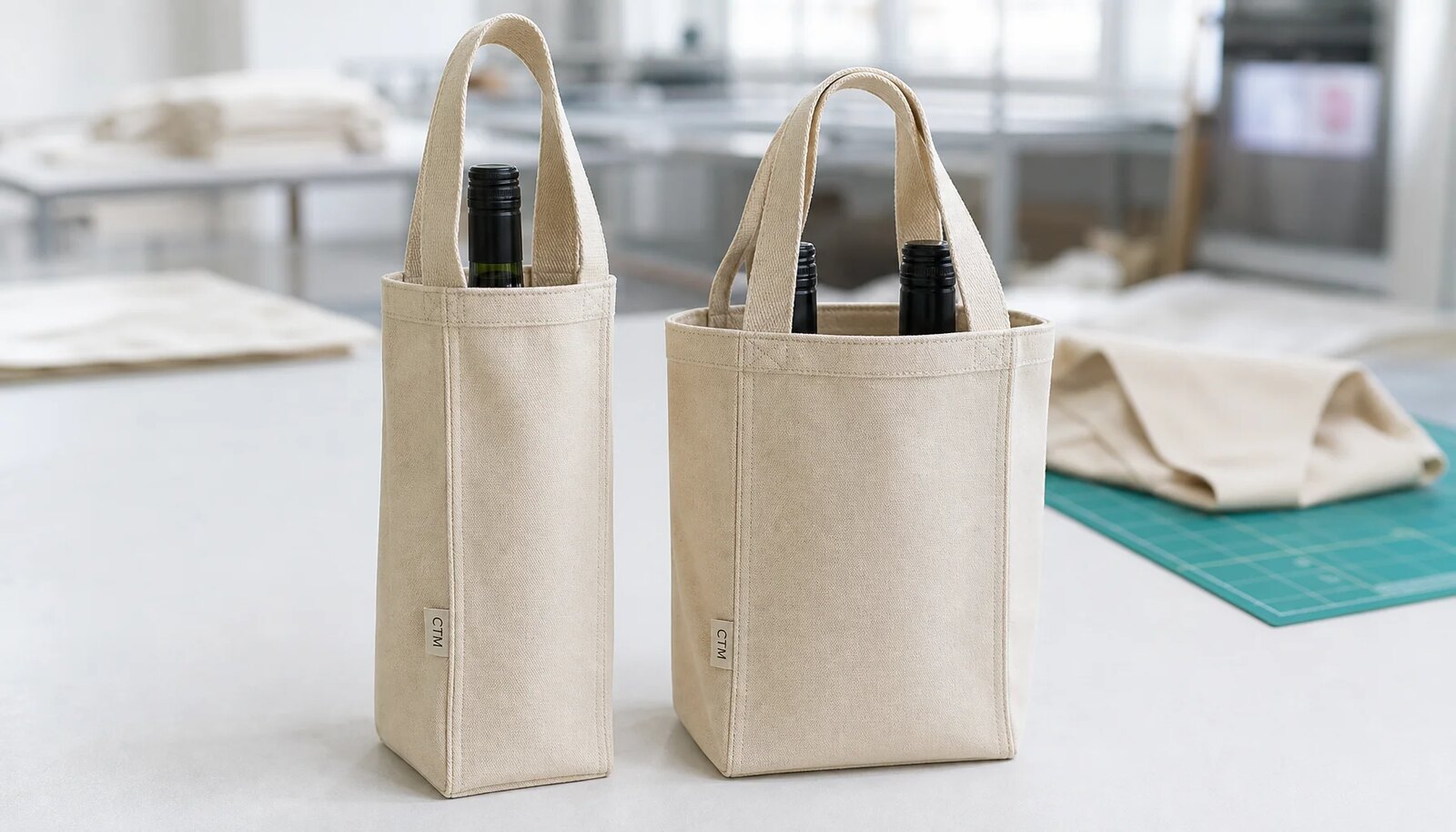 Photorealistic canvas wine carriers with a sewn CTM sample label in a factory sample room.