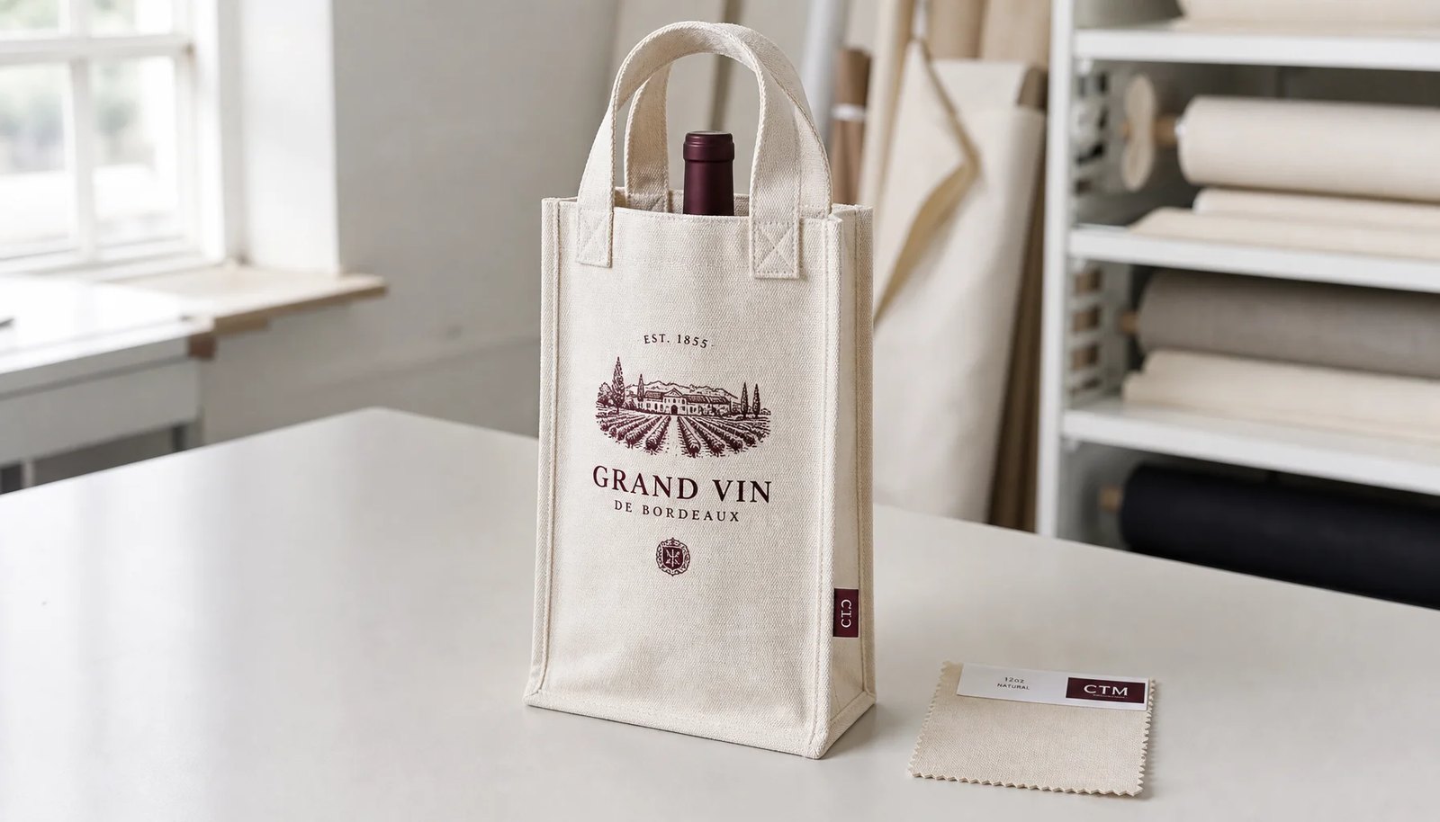 Canvas wine carrier production sample with reinforced stitching and a small CTM/CottonToMaker side label