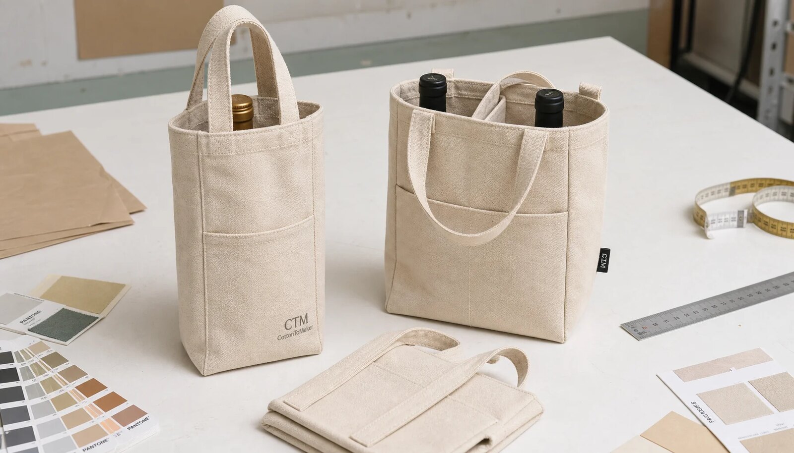 Canvas wine carrier samples with reinforced handles, divider, print sample, measuring tape, swatches, and packing materials in a factory sample room