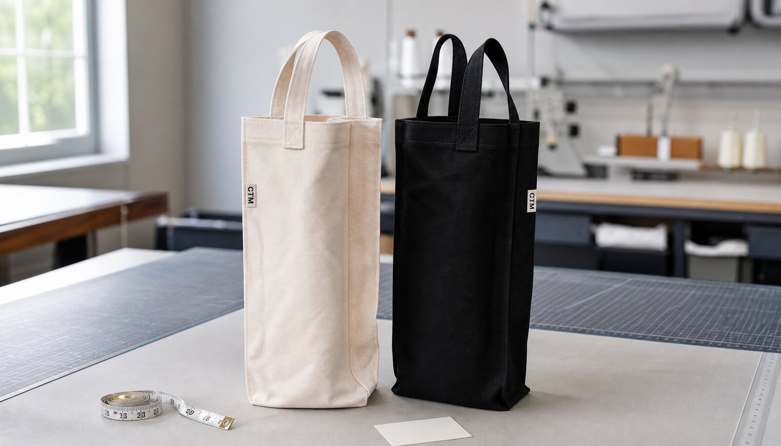 Canvas wine carriers with a small CTM sample logo in a factory sample room