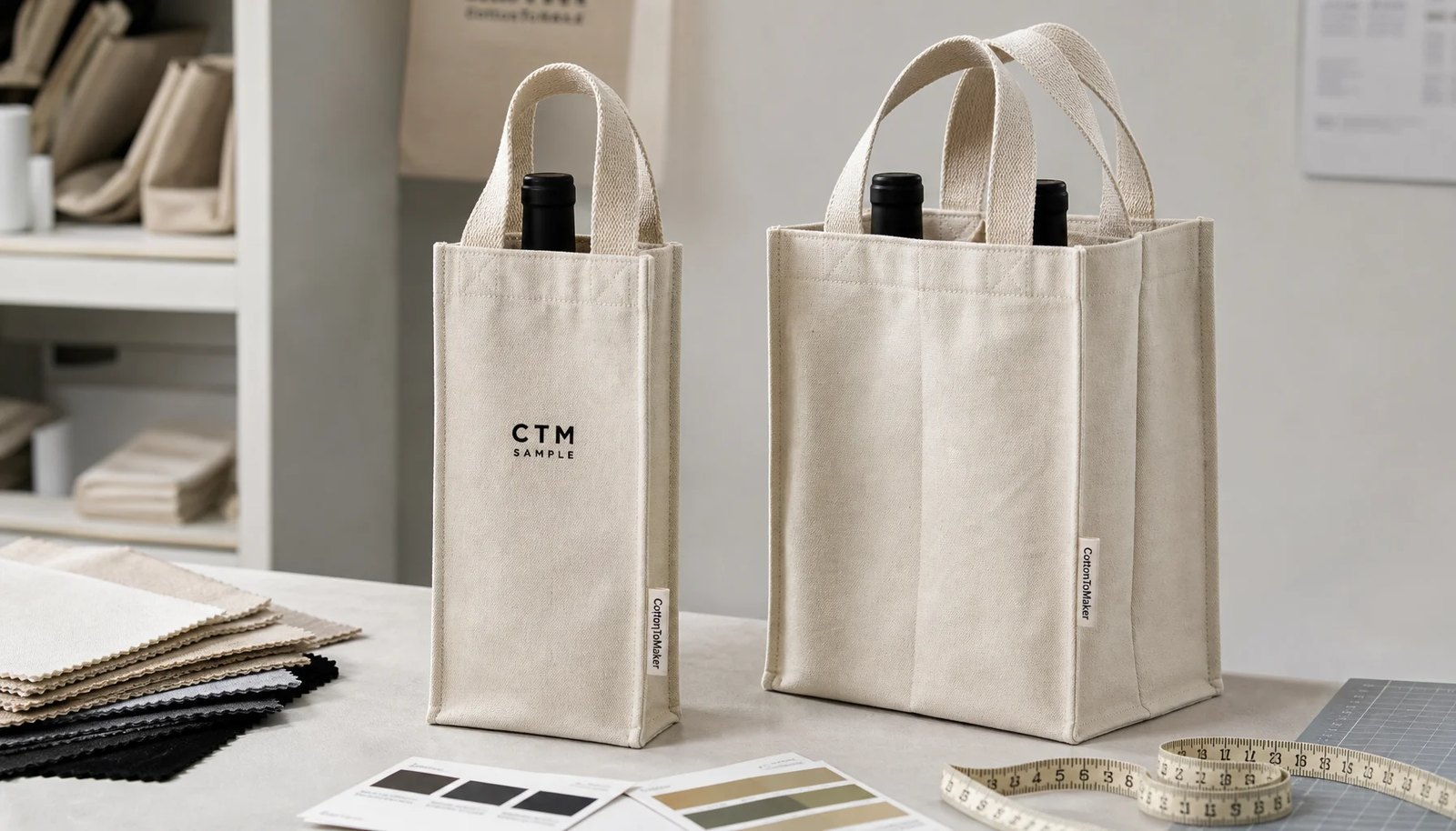 Canvas wine carrier samples with CTM logo print and side label in a factory sample room
