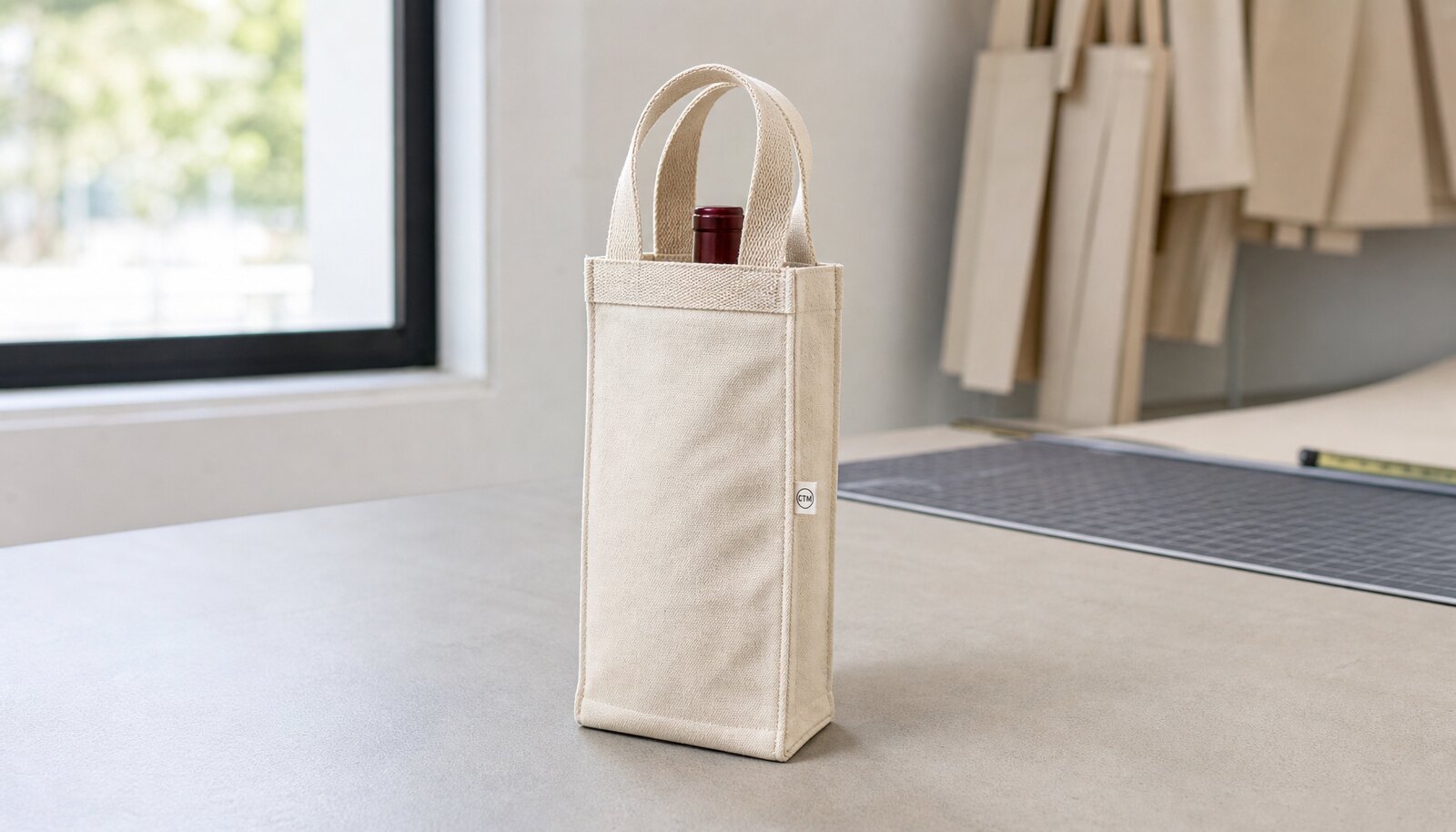 Photorealistic canvas wine carrier in a factory sample room with a simple CTM sample logo on the side label.
