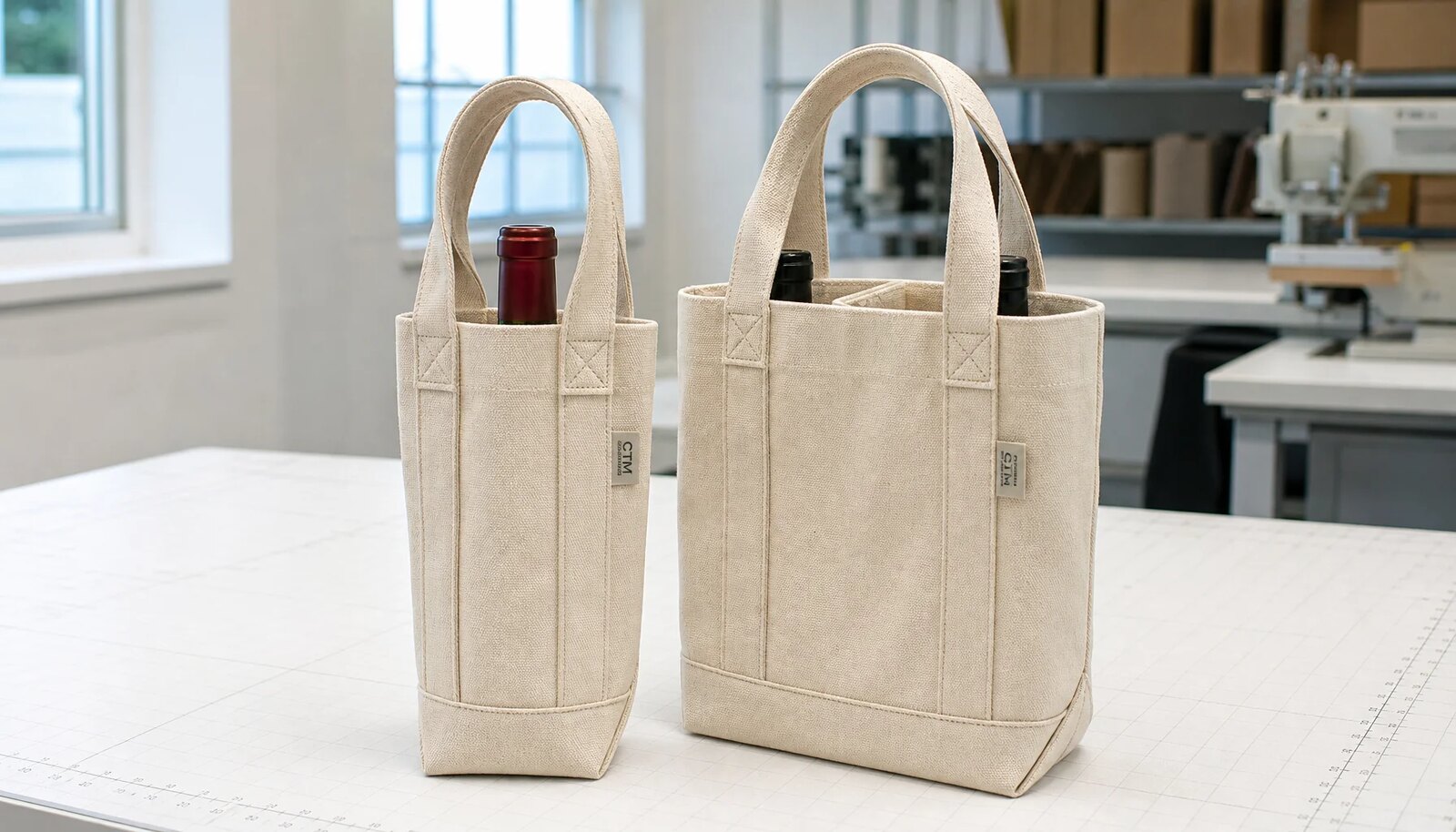 Photorealistic canvas wine carriers in a factory sample room with reinforced handles and a visible CTM / CottonToMaker side label