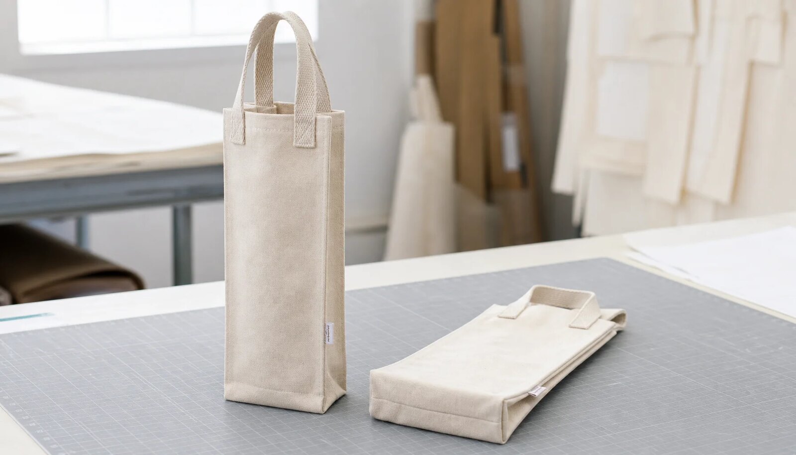 Natural canvas wine carrier with reinforced handle stitching and CTM sample label in a clean studio