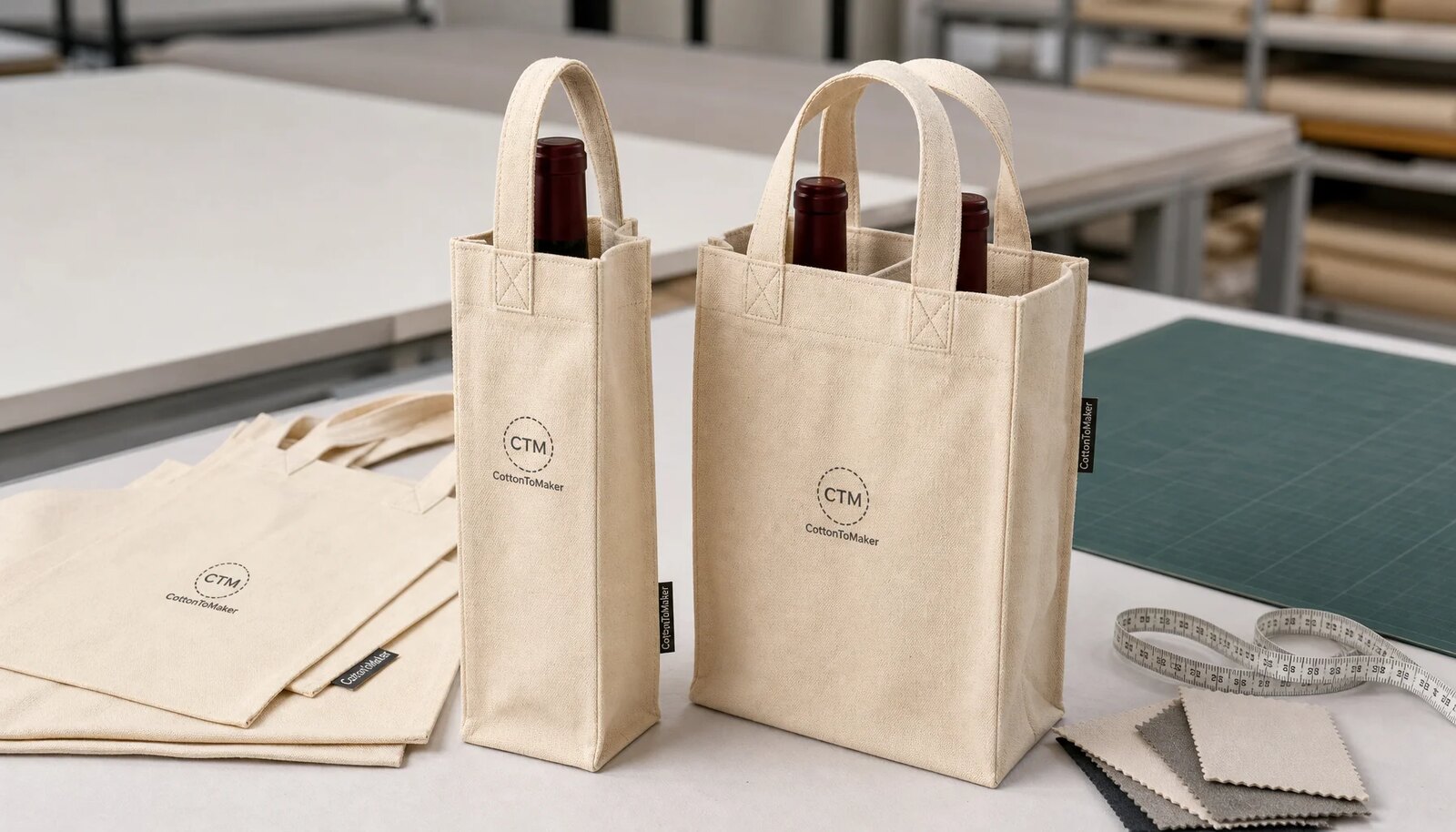 Natural canvas wine carriers with reinforced handles, divider, and CTM sample logo for B2B craft fair sourcing
