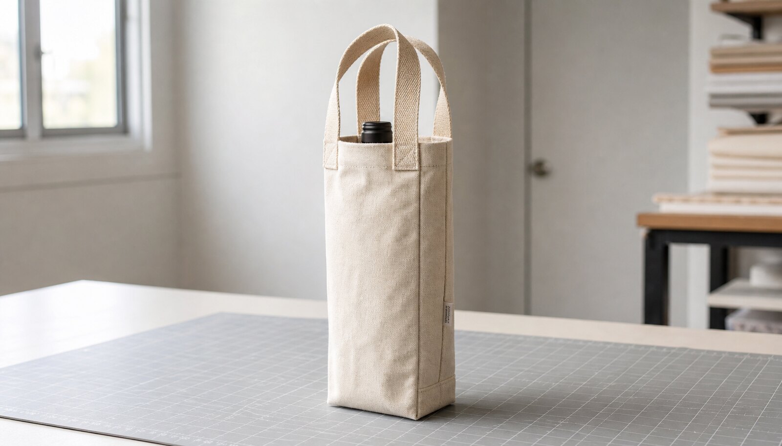 Natural canvas wine carrier with CTM/CottonToMaker side label in a factory sample room