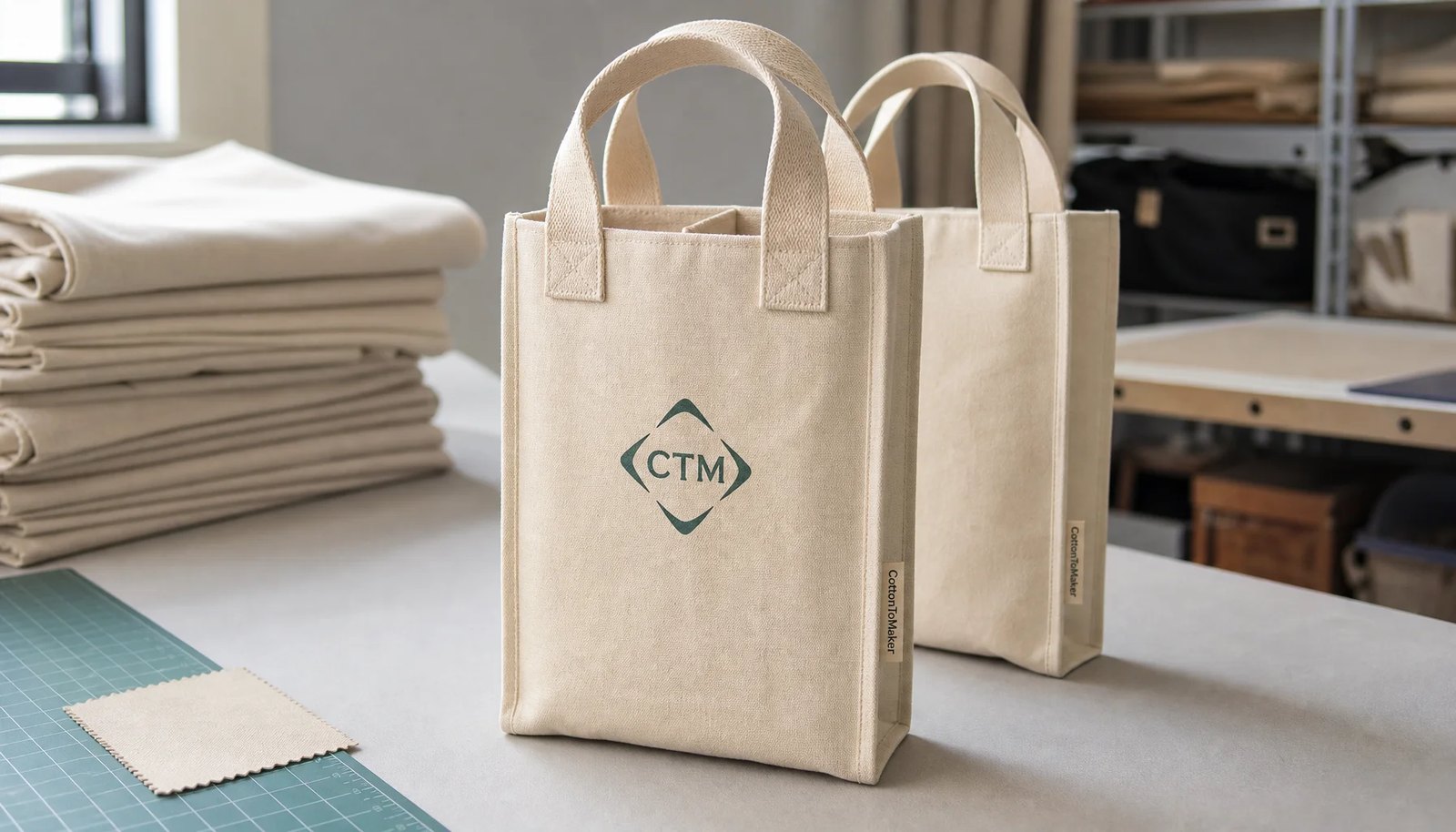Natural canvas wine carriers with CTM printed sample logo and sewn CottonToMaker side label