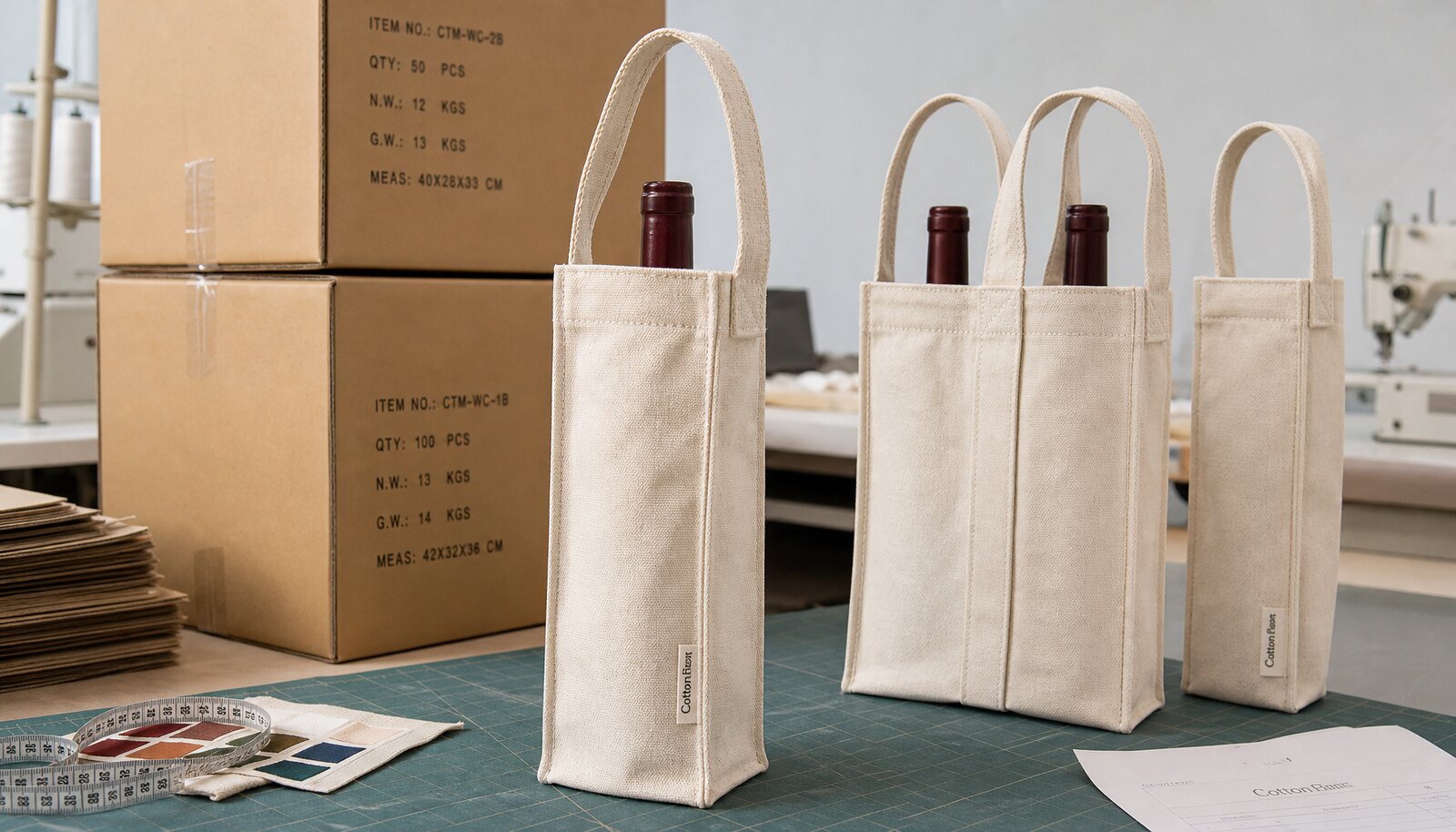 Canvas wine carriers with a CTM sample logo in a factory sample room beside shipping cartons for corporate gifting orders