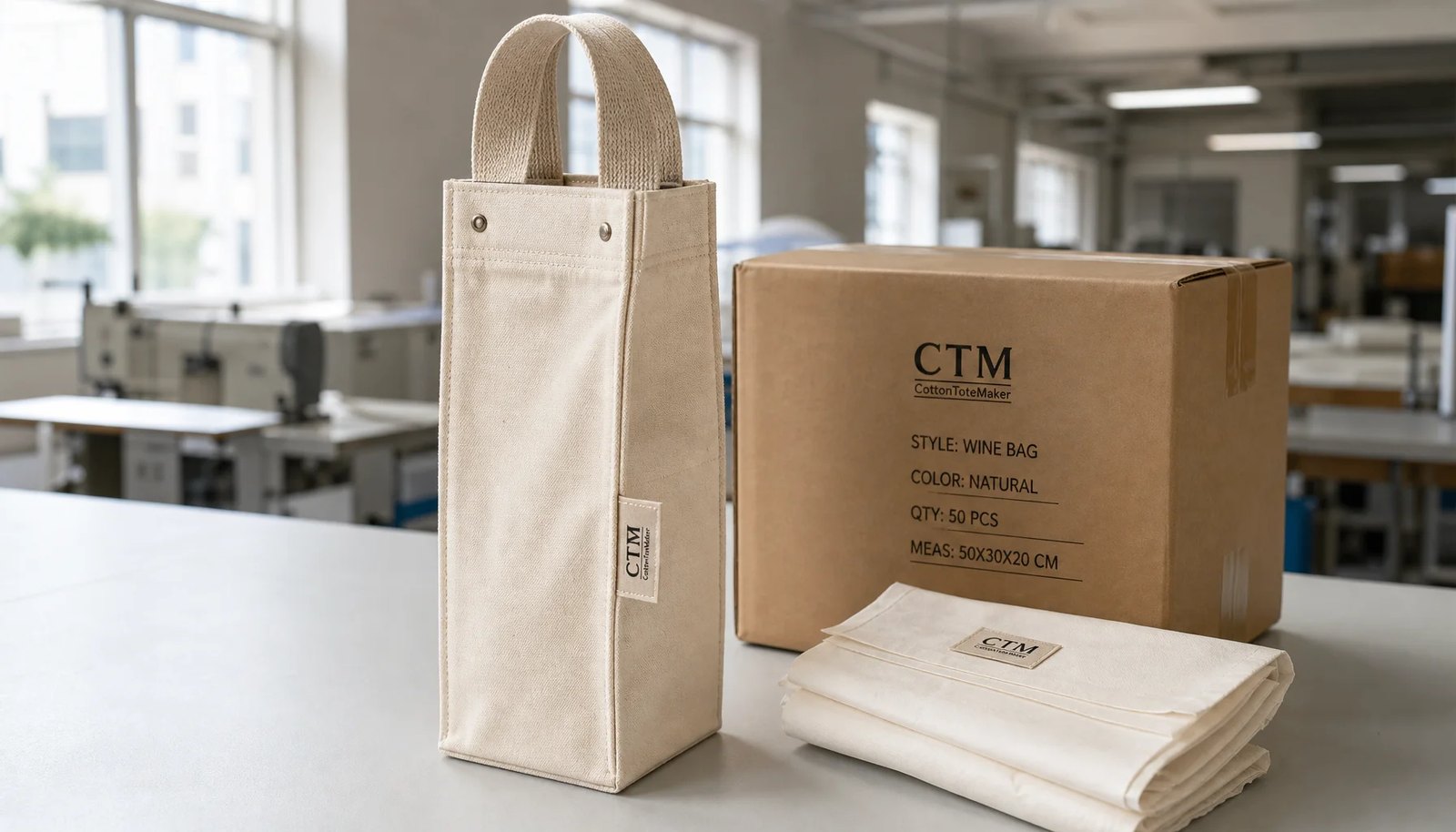 Canvas wine carrier with a sewn CTM sample label beside a packed shipping carton in a factory sample room