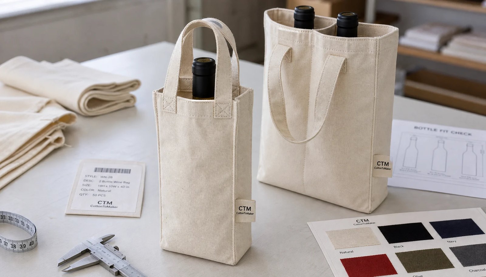 Natural canvas wine carriers with CTM sample logo, reinforced handles, measuring tools, and fabric swatches in a factory sample room