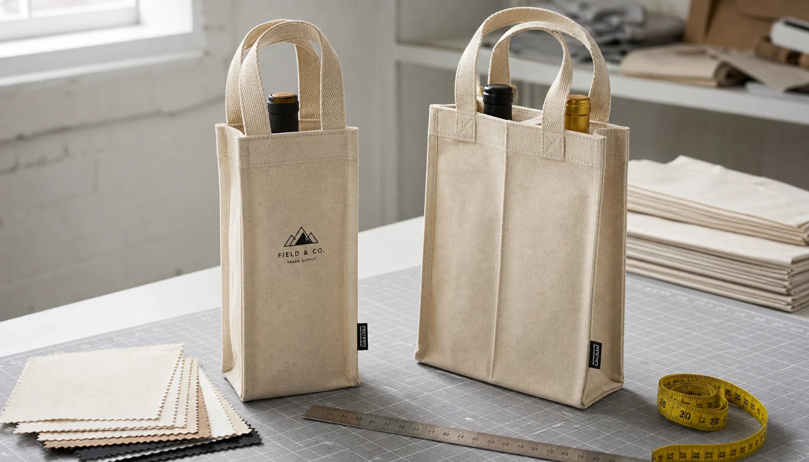 Natural canvas wine carriers with logo placement samples in a clean sample room