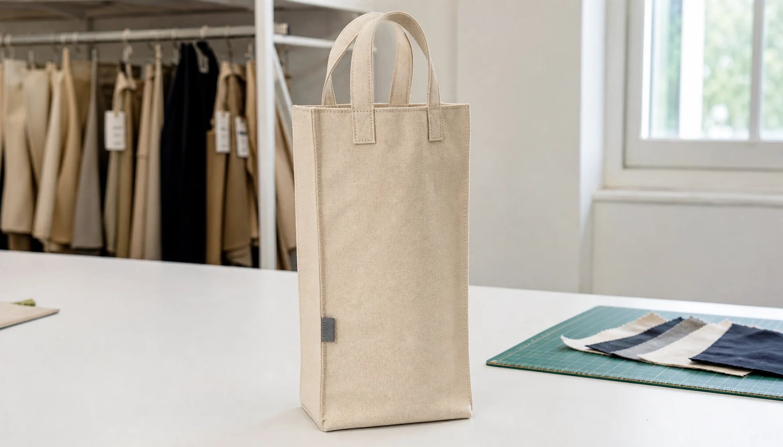 A natural canvas wine carrier with a sewn side label, photographed in a clean sample room for print proofing review.