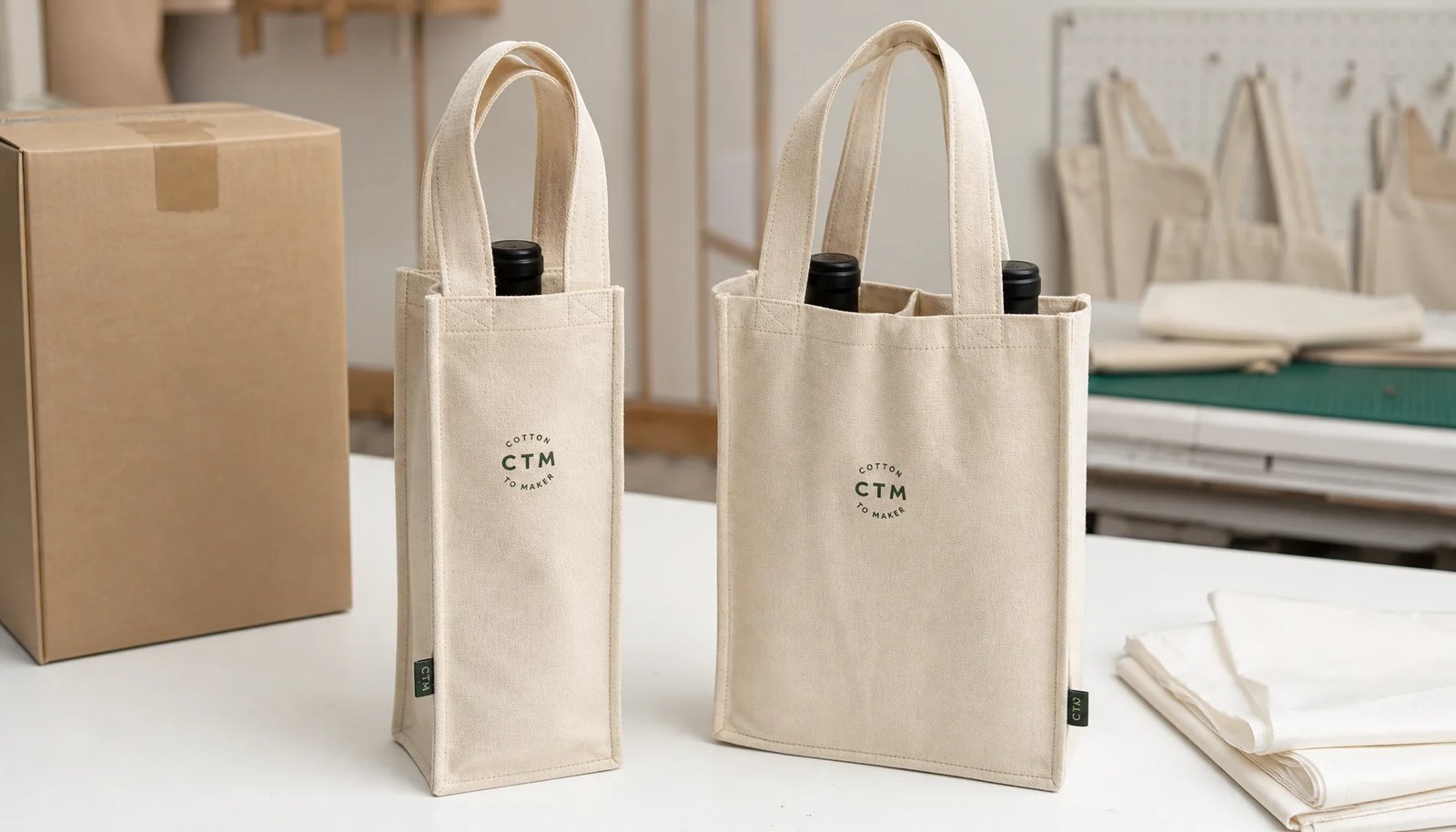 Natural canvas wine carriers with CTM sample logo and carton packing materials in a clean studio