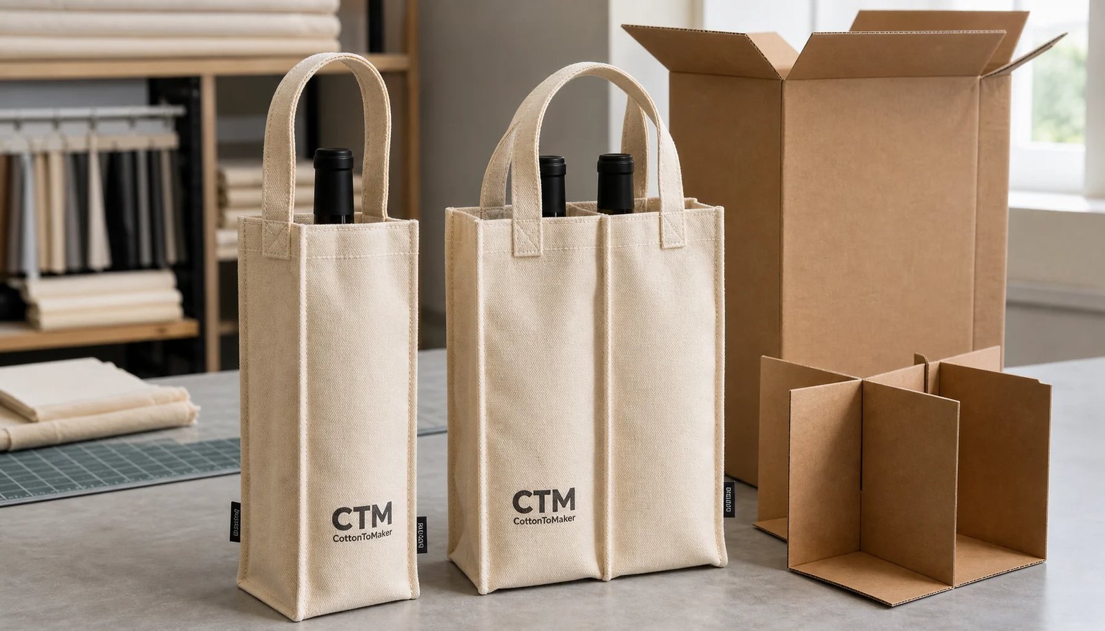 Natural canvas wine carriers with CTM sample logo beside shipping carton and divider insert