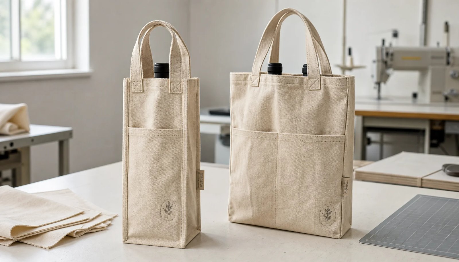 Natural canvas wine carriers with CTM sample logo in a factory sample room