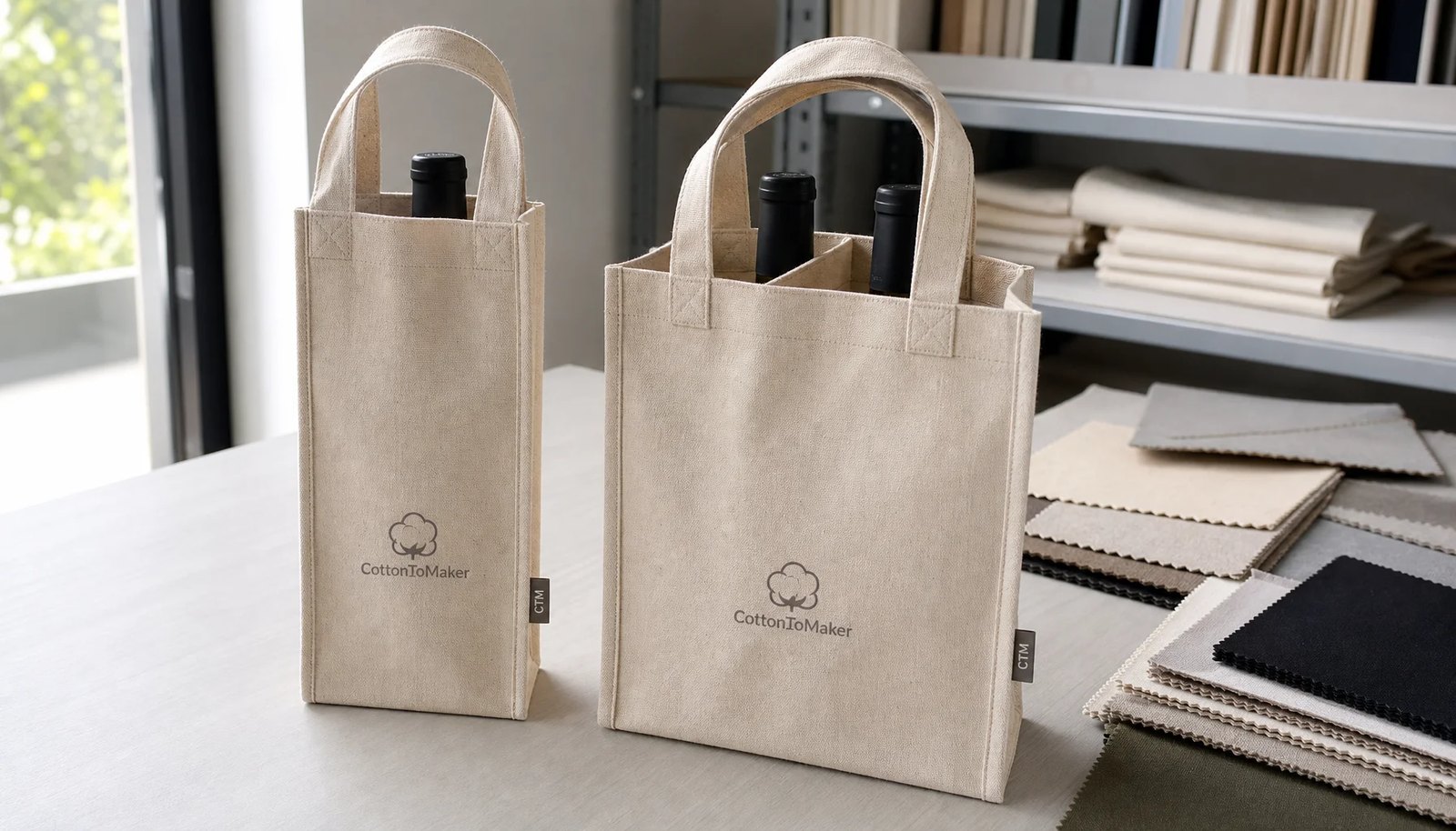 Natural canvas wine carriers with CTM sample logo, reinforced handles, and bottle dividers for university bookstore sourcing.