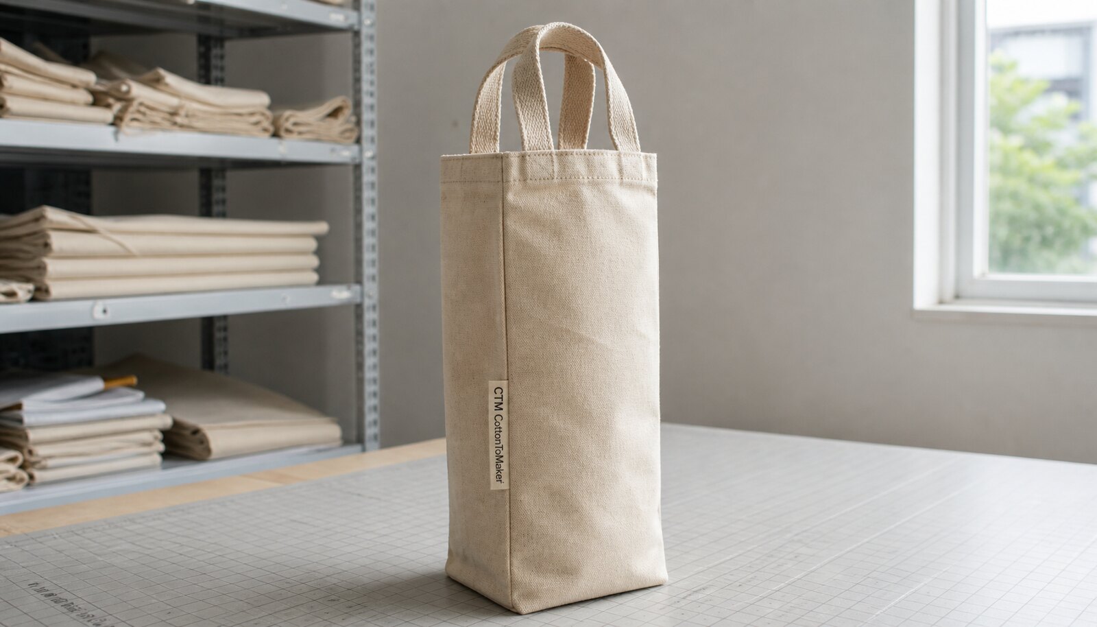 A beige canvas wine carrier with a stitched CTM CottonToMaker side label photographed in a clean factory sample room