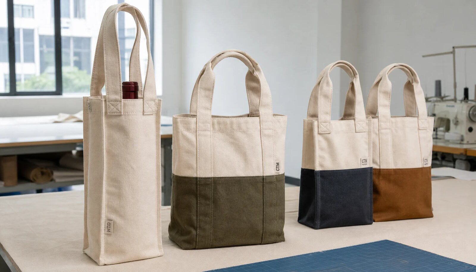 Photorealistic canvas wine carriers with CTM sample branding in a factory sample room