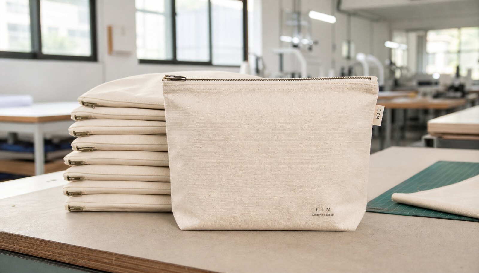 Stack of natural canvas zipper bags with a simple CTM/CottonToMaker logo printed on one sample bag in a factory sample room