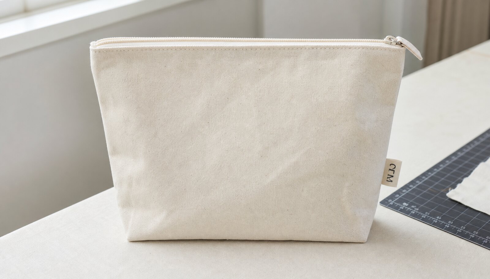 Natural canvas zipper bag for hotels with a small sewn CTM sample label in a clean factory sample room