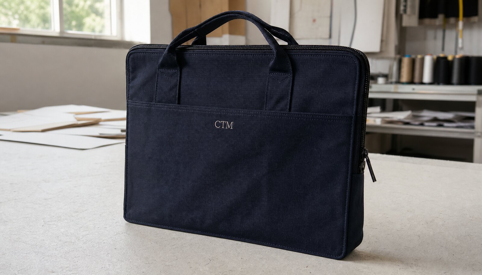 Canvas zipper portfolio bag with CTM logo embroidery in a factory sample room