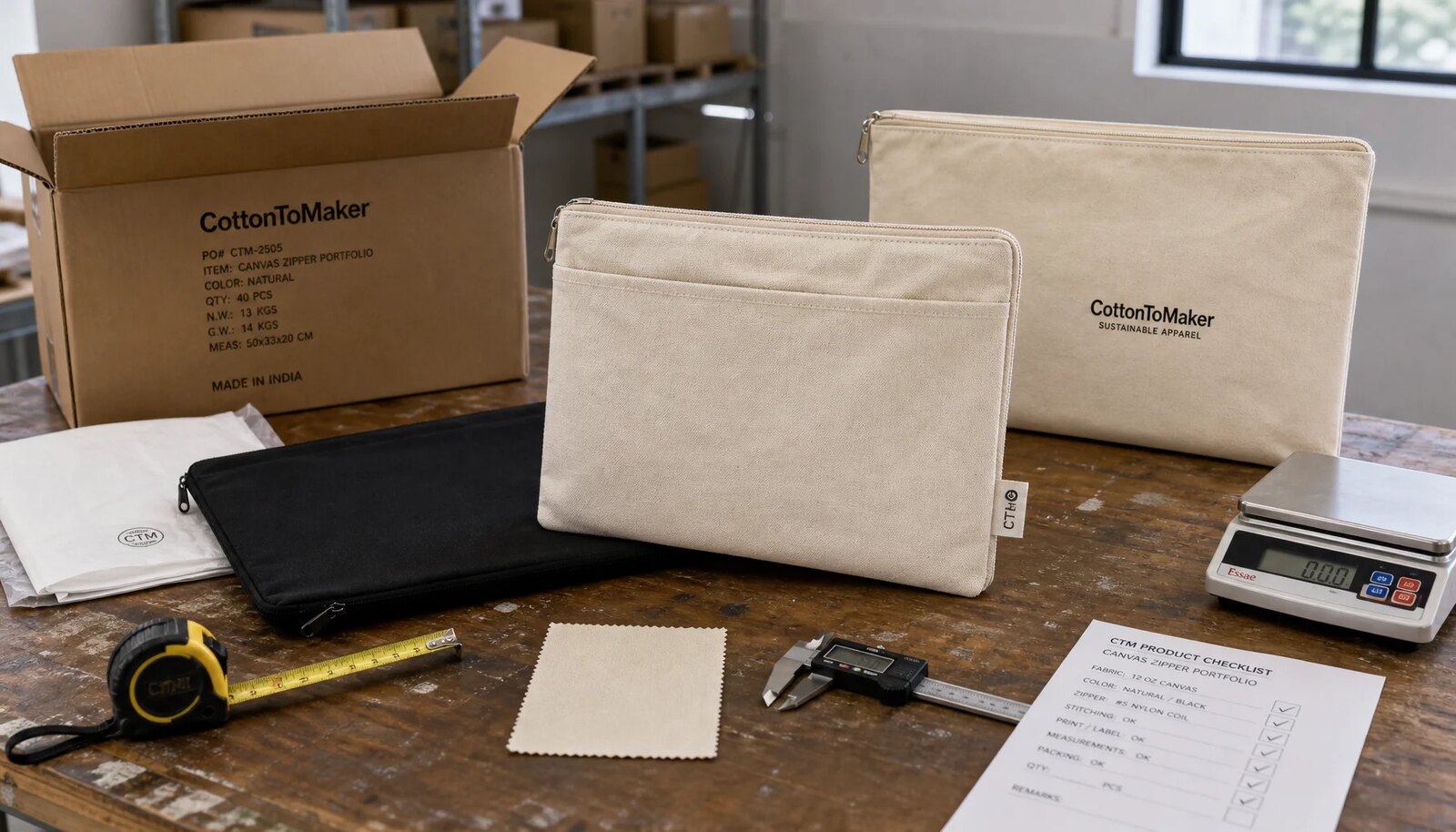 Canvas zipper portfolio samples with CTM branding on an inspection table beside export carton packing materials