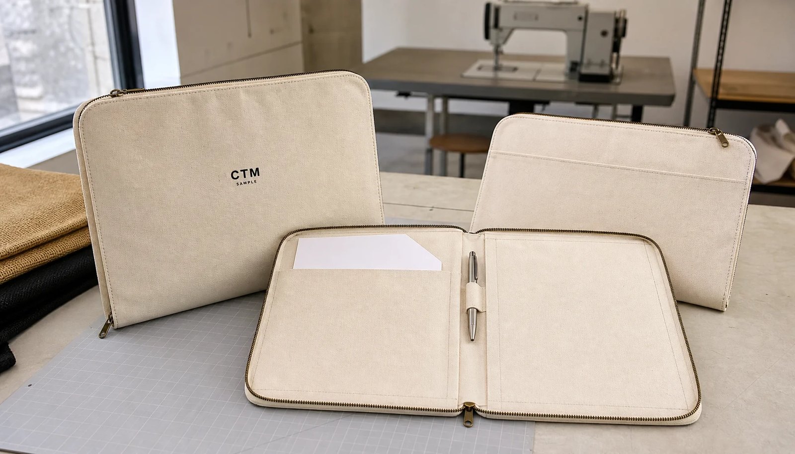 Natural canvas zipper portfolios with CTM sample logo in a factory sample room